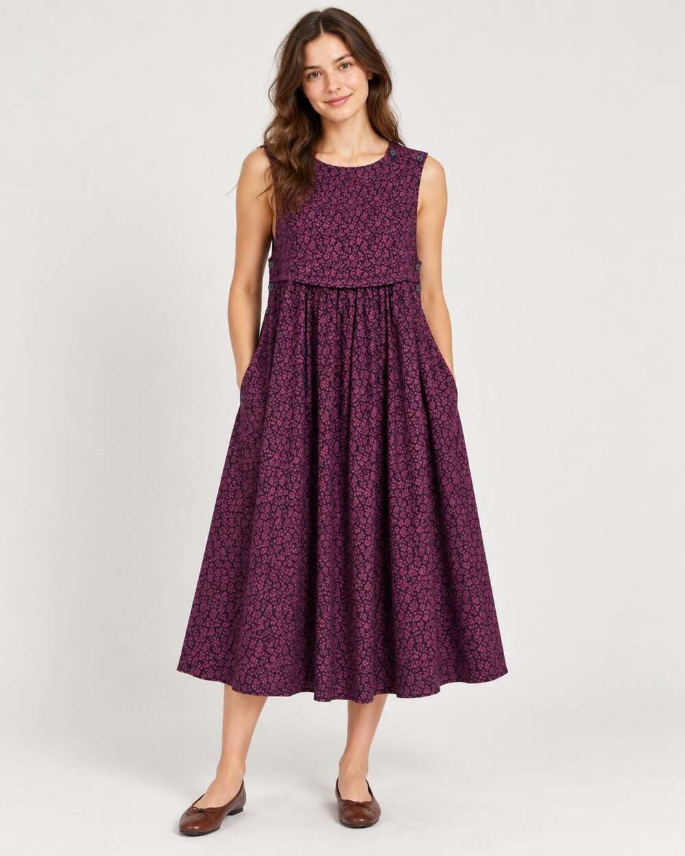 Laura Ashley Purple Floral Cotton Blend Midi Dress US 14